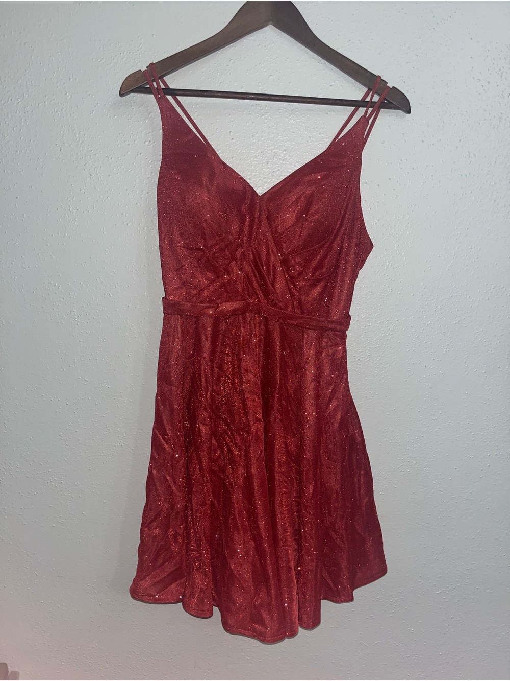 Dancing Queen Red Sparkle VโNeck Double Strap Mini Dress